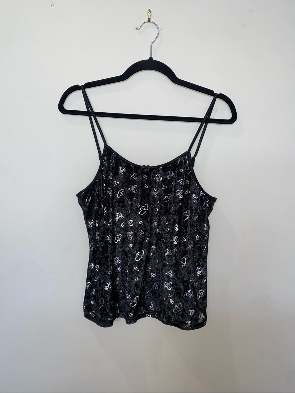 Unique Y2K Vintage Whimsigoth “Babygirl” Black Velvet Cami with Silver Hearts